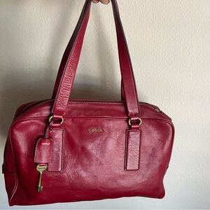 FOSSIL Red Leather Satchel handbag with brass key hang tag